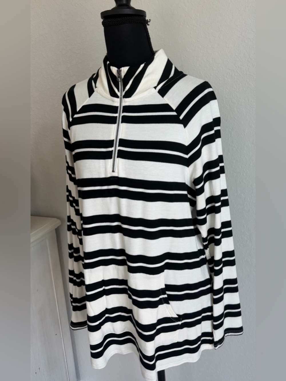 NWT Marketā & Spruce Striped Black & Cream Comfortable Zip-Up Pullover, Large - Picture 6 of 11